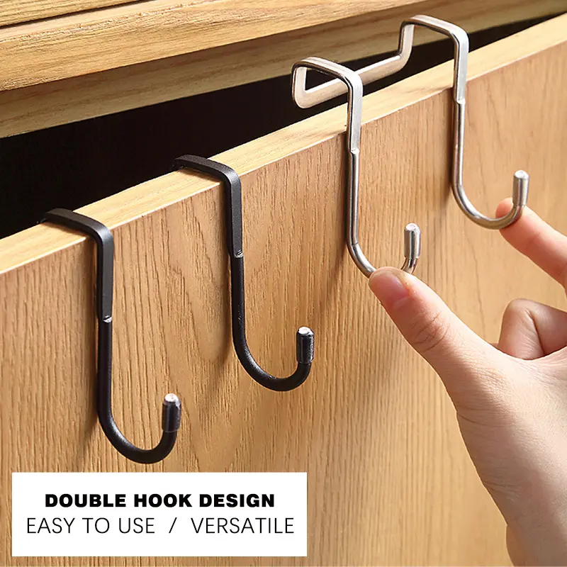 304 Steel Anti-Rust Double S-Shape Hooks, Contemporary Art Style, Free Punching Door Mounting Hooks for Kitchen, Bathroom Cabinets (Home Organizer), Double Hooks