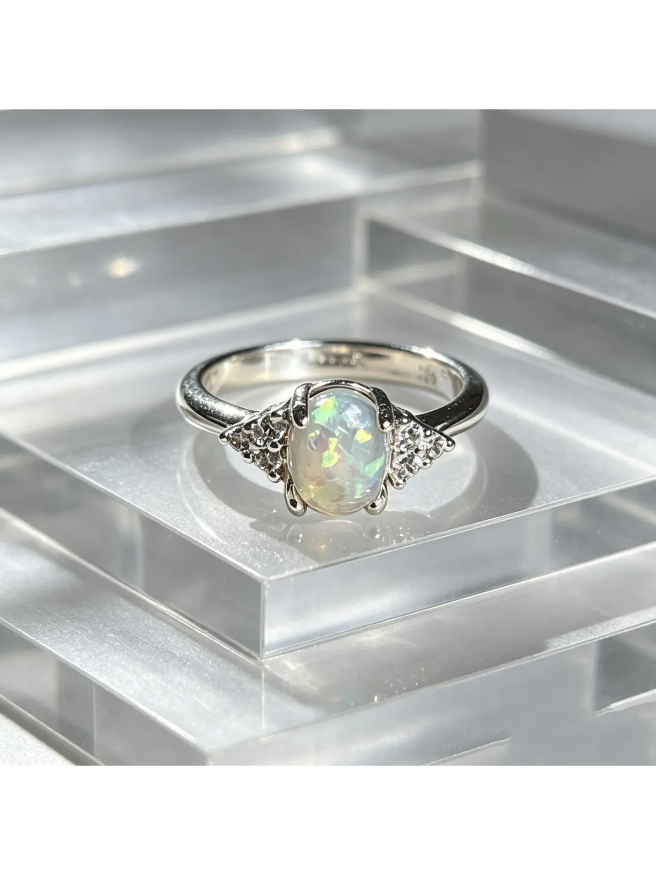 Oval Colorful Flash Opal Side Cluster Crystal Engagement Ring, Bridal Ring, Gift for Women, Smooth Slim Band for Everyday Wear, Vintage Gem Jewelry for Valentine Christmas Mother’s Day Proposal Anniversary Parties
