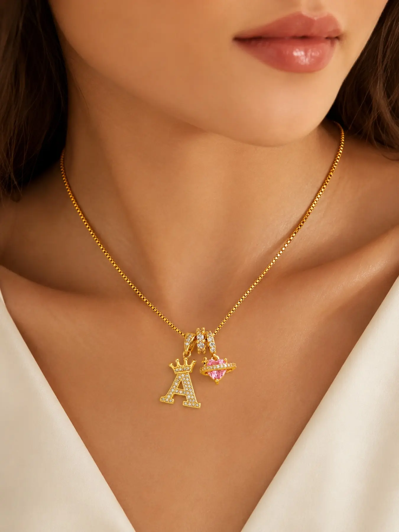 1PC Letter A Initial Necklace for Women Teen Girls, Crown and Pink Heart Planet Pendant, Gold Tone Adjustable 40+5cm Chain with Sparkling Accents, Y2K Back to School Jewelry, Holiday Gift for Her