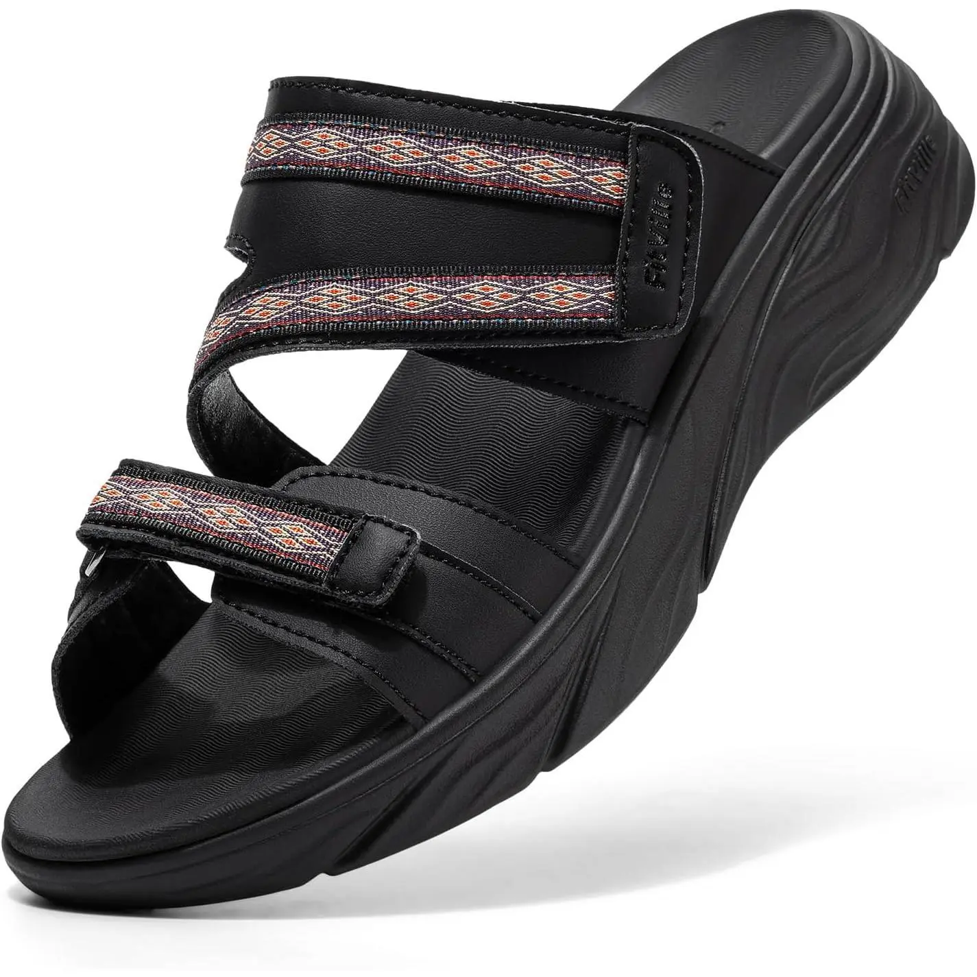 Women's Wide Width Open Toe Adjustable Fashion Slide Elevated Wedge Sandals - Black, Casual, for Swollen Feet, Bunion Relief, Black Wedge Sandals