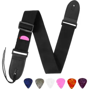 Guitar Strap, Adjustable Acoustic Bass Guitar Straps and 10 Picks   Woven Leather Ends with Pick Pocket for Electric Guitars (Black)