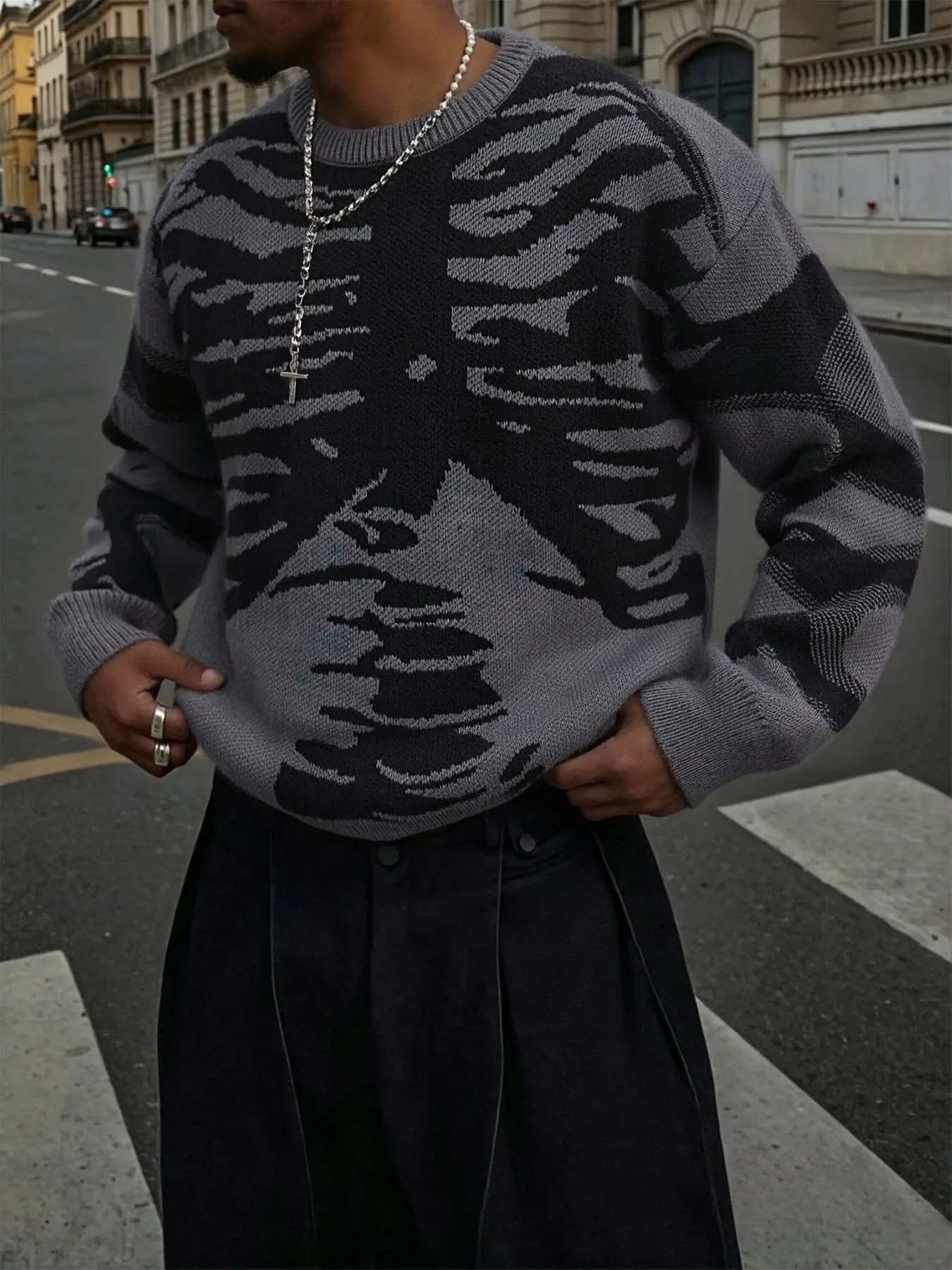 Men's Round Neck Knit Sweater, American Vintage Street Style, Camo Print, Loose Fit, Thick Soft Fabric, Spring & Fall Wear