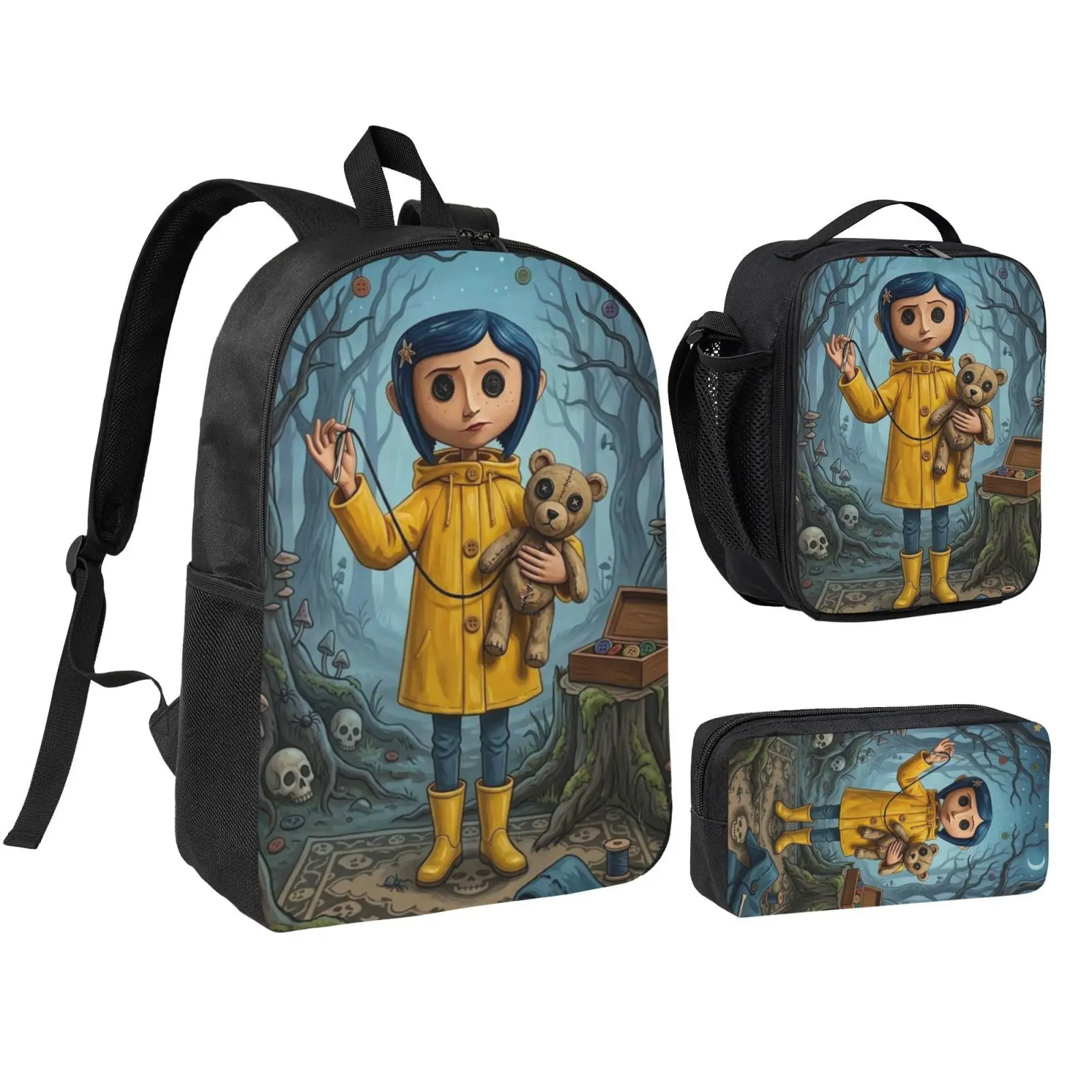 Anime Coraline Waterproof 3-Piece Kids' School Bag Set - Backpack, Lunch Bag, Pencil Box with Adjustable Straps for Teen Girls, Office & Travel Bookbag