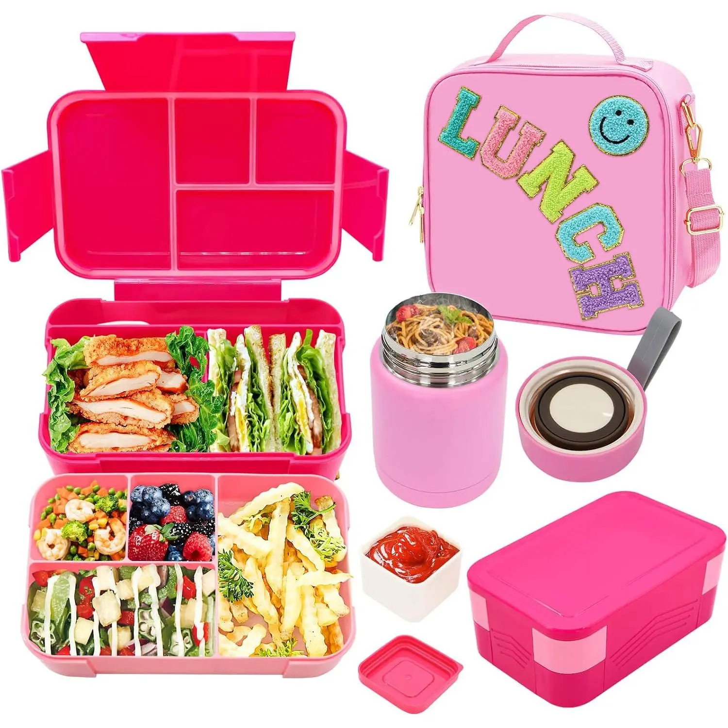 Lunch Box for Girl with 10oz Thermo 6 Compartment Bento Set | Nylon Insulated Lunch Bag with Adjustable Strap, Ideal for  and Teens School, Travel and Picnic, Leakproof Thermal Pouch