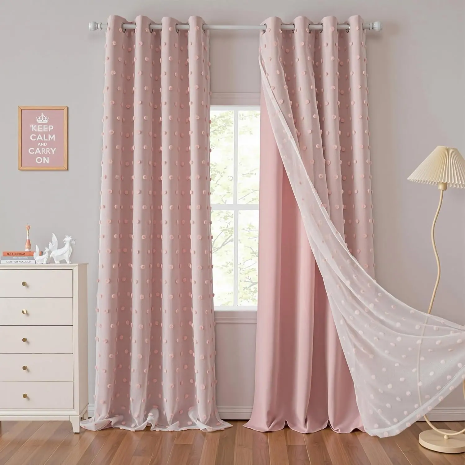 1pc Blush Pom Pom Blackout Curtains for Girls Bedroom, Double Layer Sheer Tulle Drapes, Elegant Window Treatments for Kids Room Decor, Home Decoration Curtain, Home Decorative Curtain