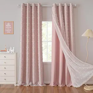 1pc Blush Pom Pom Blackout Curtains for Girls Bedroom, Double Layer Sheer Tulle Drapes, Elegant Window Treatments for Kids Room Decor