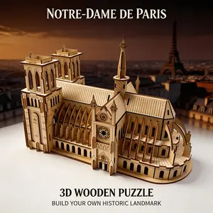Notre-Dame De Paris Wooden 3D Puzzle Model Kit, No Glue Interlocking Gothic French Landmark DIY Architecture Craft, Historic Cathedral Desktop Collectible Decor, Travel Souvenir Gift for Adult Architecture Lover Birthday Christmas
