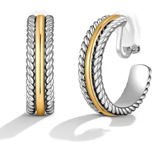 and  Clip- Earrings Two Tone  Metal Clip- Earrings Chunky Hoop Clip Earrings