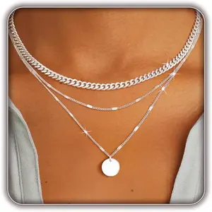 Layered Gold Necklace for Women Trendy,14K Gold Plated Dainty Stackable Cuban Link Herringbone Paperclip Chain Diamond/Coin/Cross/Tag/Mobius Pendant Necklace Set Fashion Jewelry Christmas Gifts