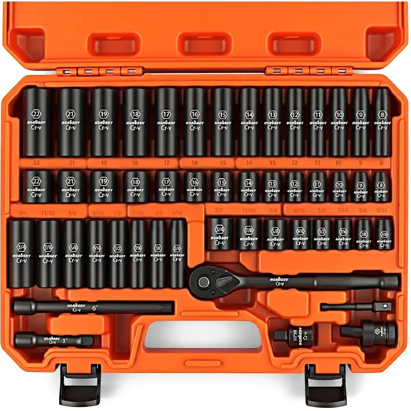 50-Piece 3/8" Drive Impact Socket Set, Standard SAE (5/16 to 3/4 inch) and Metric (8-22mm) Size, 6 Point, Cr-V, 3/8-Inch Drive Ratchet Wrench, Drive Extension Bar, Impact Universal Joint