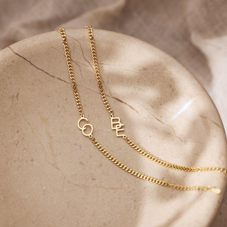 AS821 Personalized Custom Two Initials Bracelet Stainless Steel Cuban Chain Couple Bracelet Anniversary Gift for Men and Women