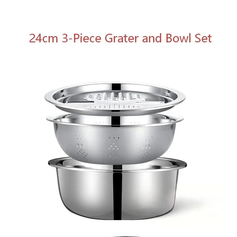 3-In-1 Stainless Steel Multi-Functional Strainer Set, Colanders, Includes Basin/sieve/cutter, Ideal for Washing Rice Fruits Vegetables Kitchen Essentials