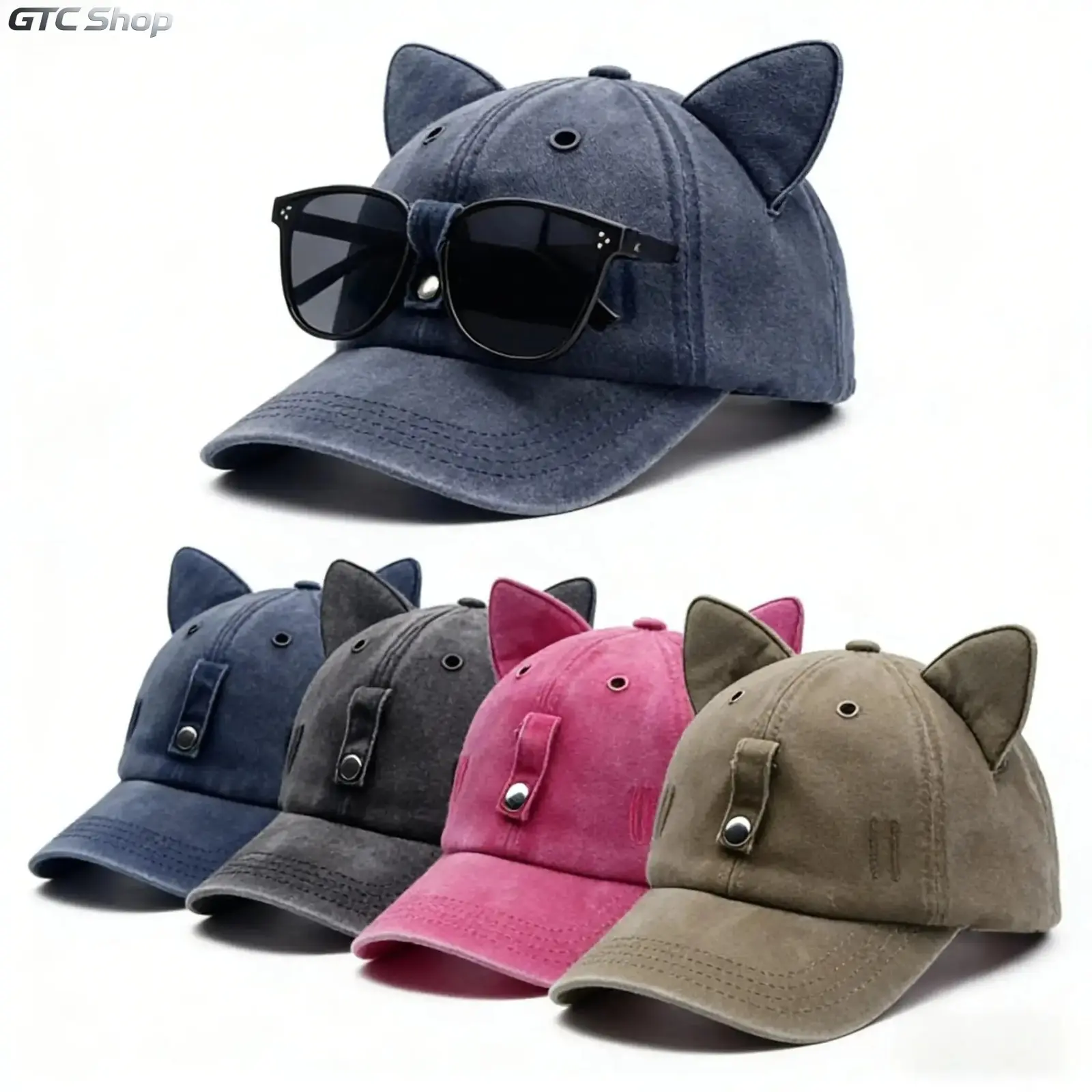 Y2K Cat Ear Trucker Hat with Detachable Sunglasses, Vintage Washed Baseball Cap Pilot Style UV Protection Snapback, Hip Hop Streetwear Adjustable Unisex Cap Sun Protection Lightweight Breathable Beach Festival Party Travel,summervibes