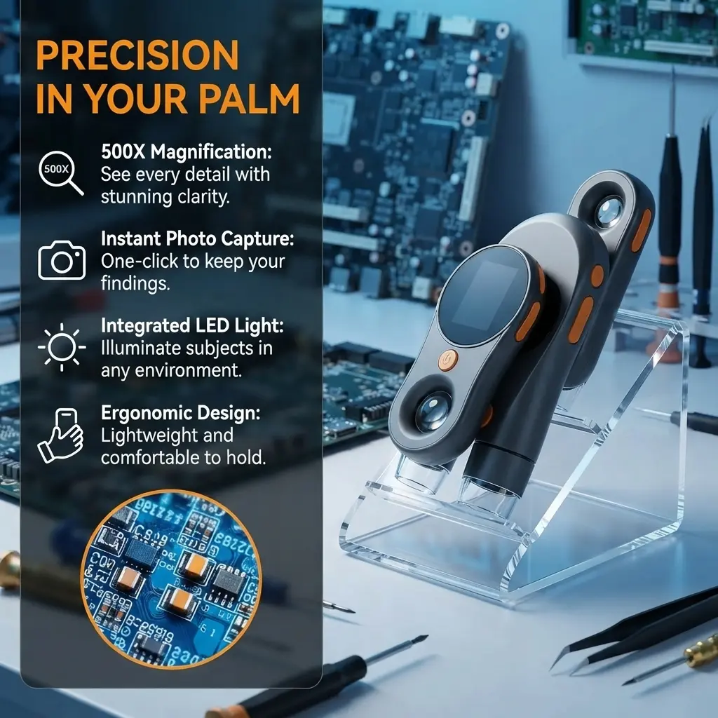 Portable 500X Digital Handheld Microscope, Ultra‑Macro Lens Inspection Camera with Digital Screen, Practical Tool for Electronics Repair, Science Education & Close‑Up Observation