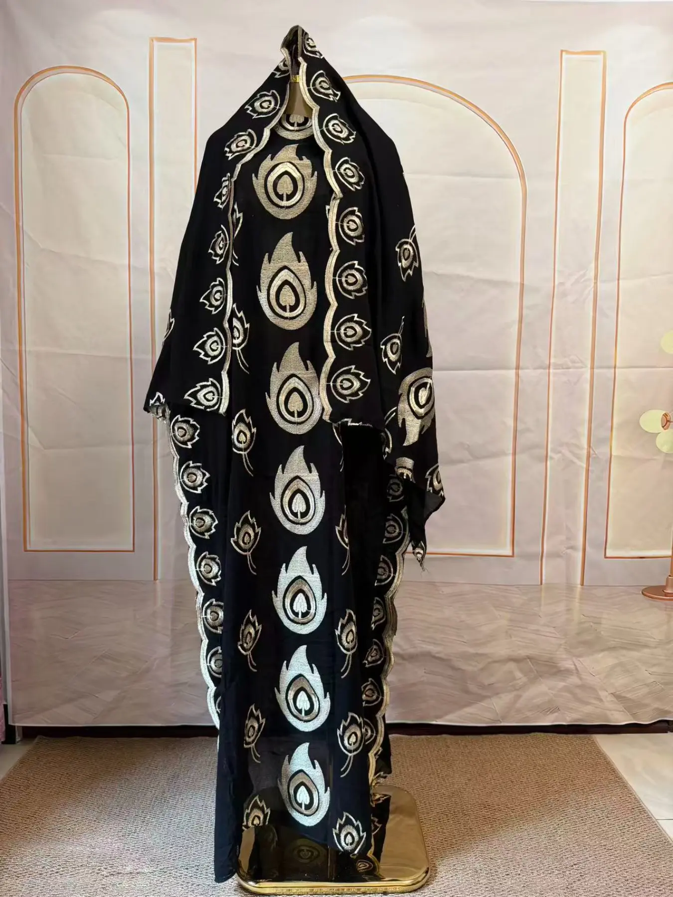 Black Gold Peacock Eye Embroidery Kaftan Maxi Dress Women Oversized Loose Caftan With Matching Shawl Luxury Ethnic Party Abaya