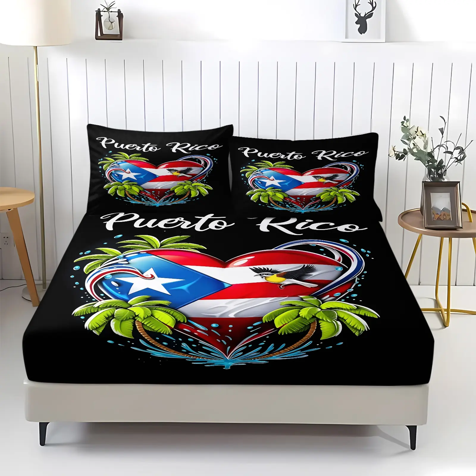 Puerto Rican Flag Coconut Tree Bird Print Bed Fitted Sheet Set, Includes 2 Pillowcases, High Elastic Non-Slip Fabric, Durable Digital Print, Bedding Sheets, Bedsheet, Bedsheet Sets