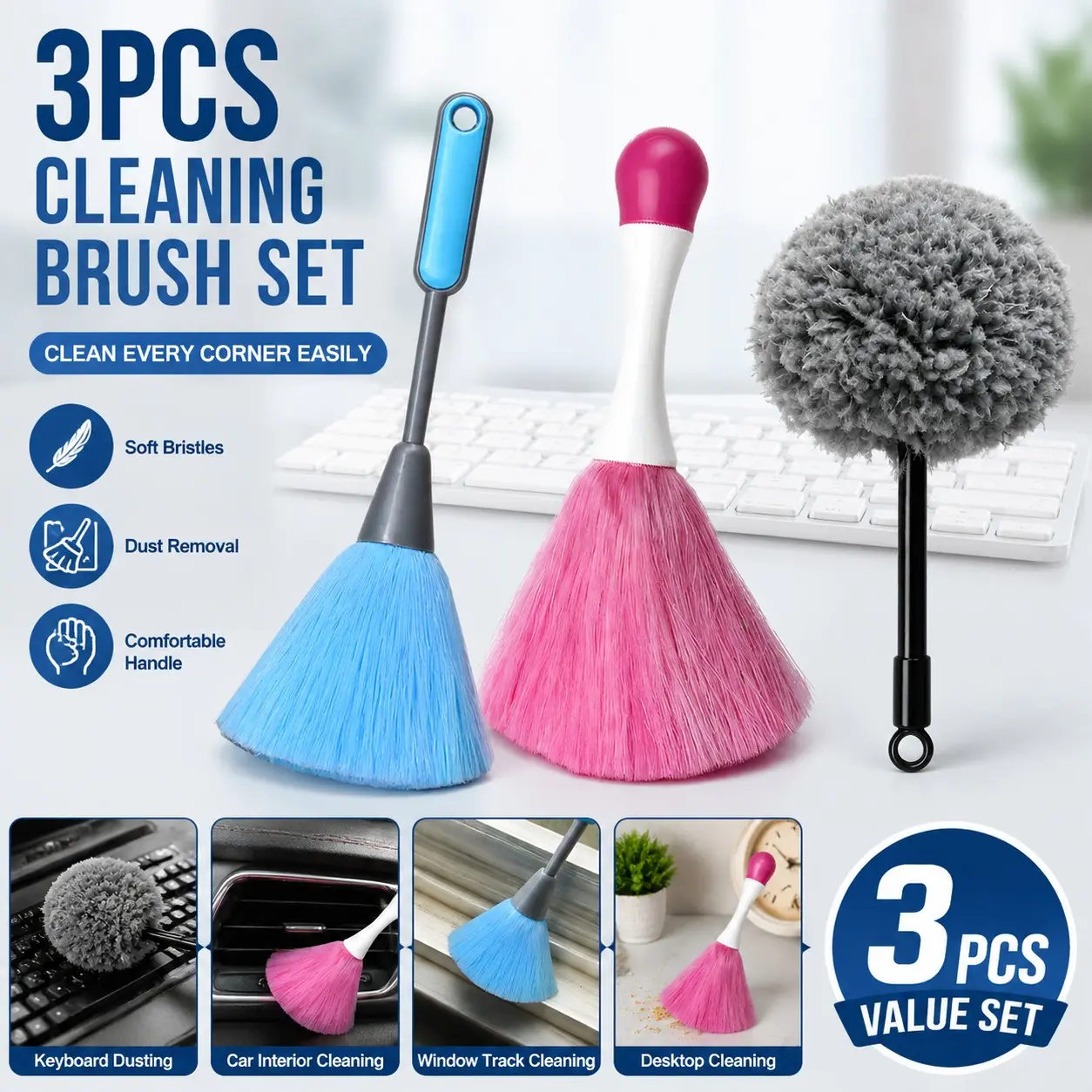3-In-1 Keyboard Cleaning Brush Set, Multi-Purpose Anti-Static Dust Remover for Computers, Cars, Home, Soft Bristle Brushes