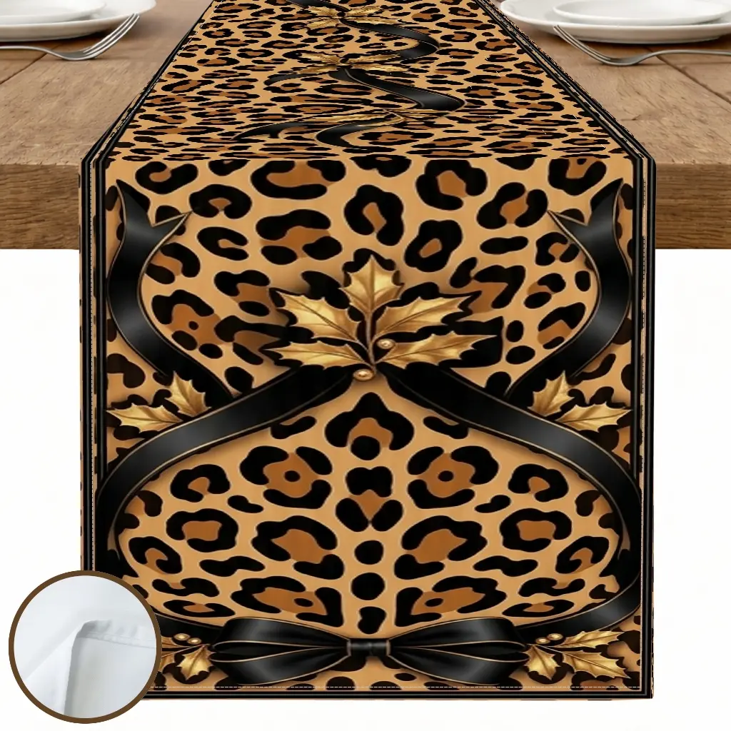 1pc Leopard Print Floral Leaves Table Runner, Chic Vintage Style, Decorative Border and Repeating Pattern, for Dining Table Home Decor Kitchen Decor Seasonal Table Decor