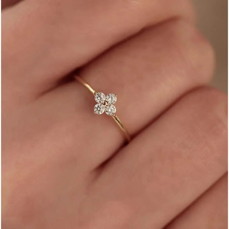 [NB] 18K Gold Plated Dainty Four Leaf Clover Ring for Women, Minimalist Tiny Floral Thin Band, Niche Unique Design Elegant Premium Stackable Ring, Tarnish Free Hypoallergenic Everyday Fashion Jewelry, Ideal Daily Wear & Birthday Anniversary Gift f