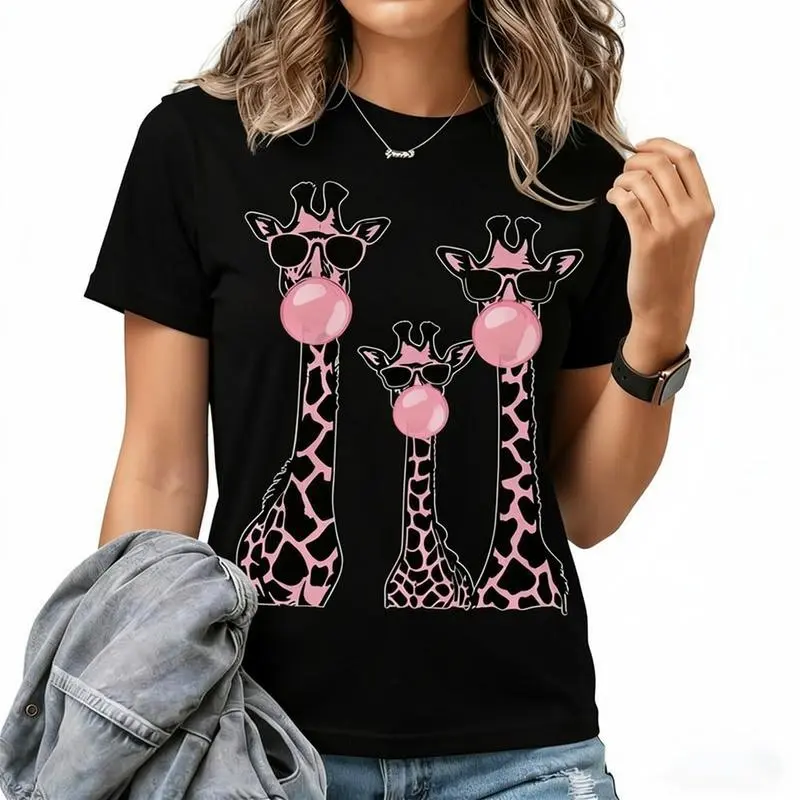 Women's Short-Sleeve Giraffe Print Round Neck Tee - Comfortable Fit Lady Streetwear Top for Summer Daily, Holiday Wear, Shortsleeve, Tshirt, Animal Print, Classic Fit, Heavy Cotton, Vivid Giraffe Art, Pairs W/ Jeans/Shorts