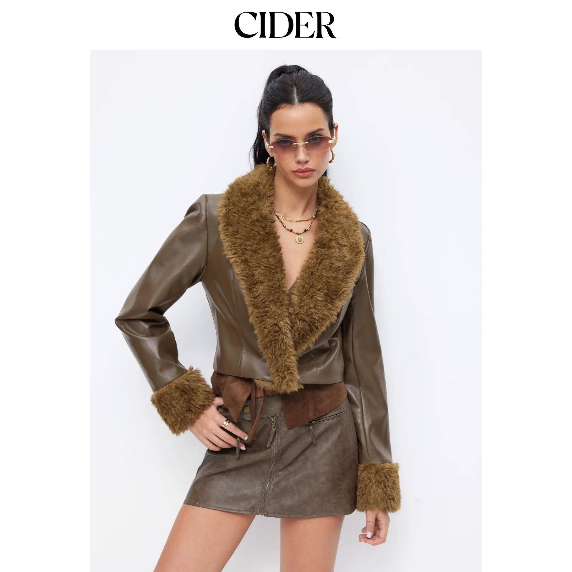 Cider Faux Leather Collar Faux Fur Trim Button Cropped Jacket SohoChic