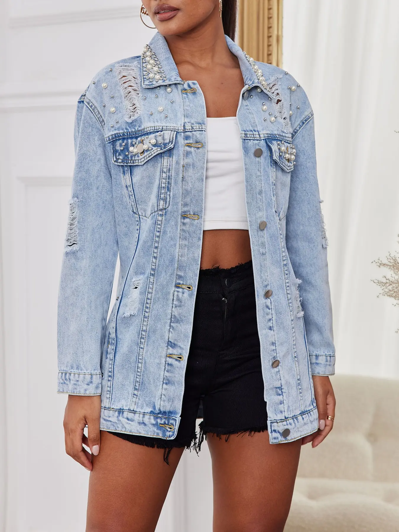 Women's Beaded Ripped Denim Jean Jacket, Fall New Single Button Double Patch Pocket Long Sleeve Outerwear, Casual Loose Fit Top