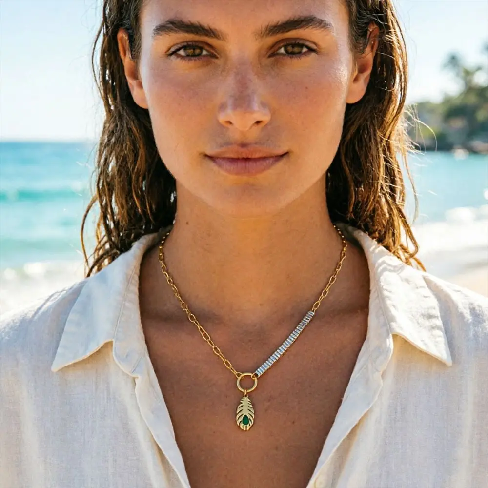 Effortless Glamour Boho Peacock Feather CZ Pendant Necklace Baddie Viral Two Tone Gold Silver Stainless Steel Mixed Link Chain Women Coastal Vacation Jewelry
