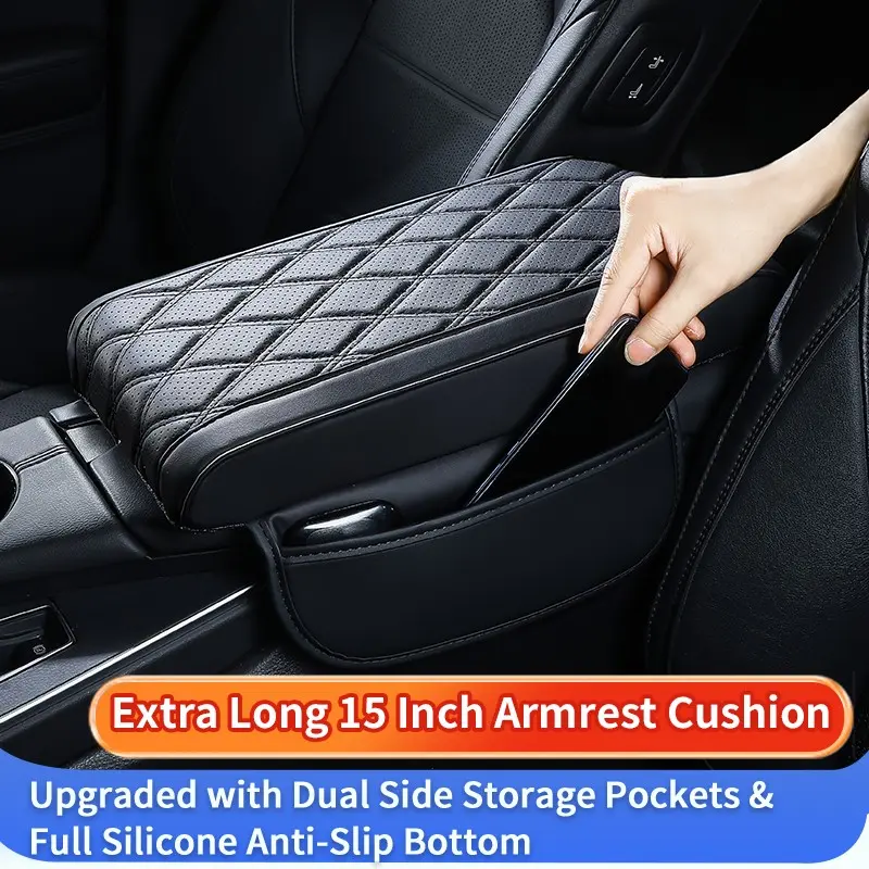Extended 15.75 Inch PU Leather Car Armrest Heightening Pad, Dual Pockets, Central Elbow Support, Ideal for Long Drives and Commutes, Car Armrest Cushion, Car Accessories