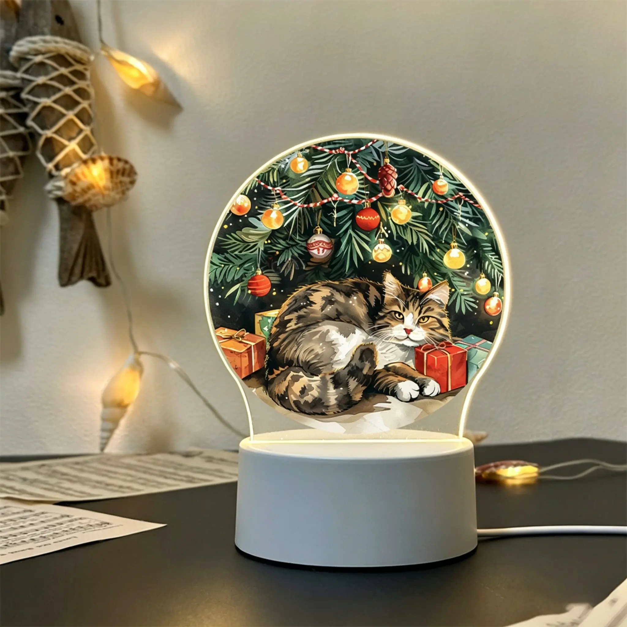 Christmas Cat LED Acrylic Night Light, USB Powered Bedside Lamp, Soft Ambient Light, Holiday Decor for Bedroom, Living Room, Office