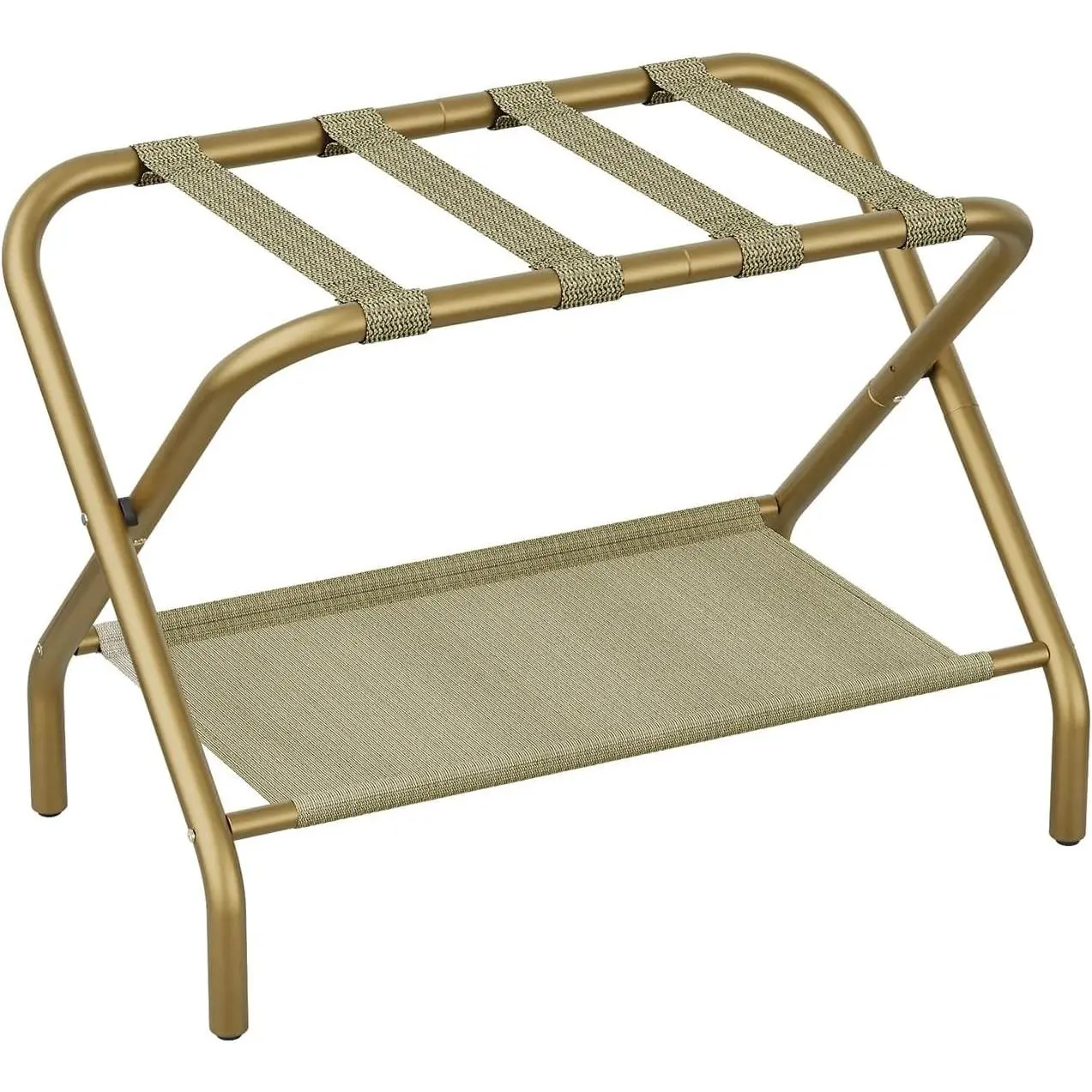 Folding Luggage Rack for Guest Room, Suitcase Stand with Shoe Shelf, Easy Assembly, Portable, Holds up to 110 lb, Gold, 1 Pack