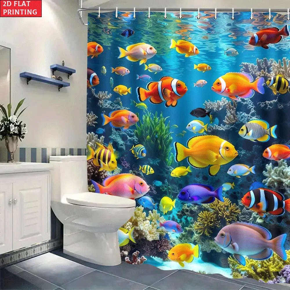 2D flat, 2D flat 1-piece reef fish shower curtain set, decorative elegant bathroom decoration, suitable for homes and hotels, 2D flat, Bathroom Curtains