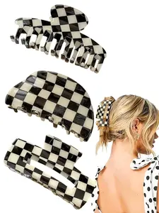 3 Pcs Checkered Hair Claw Clips, Square Checker Barrettes, Cute Non Slip Hair Jaw Clips, Strong Hold, Multicolored Plaid, Vintage Check