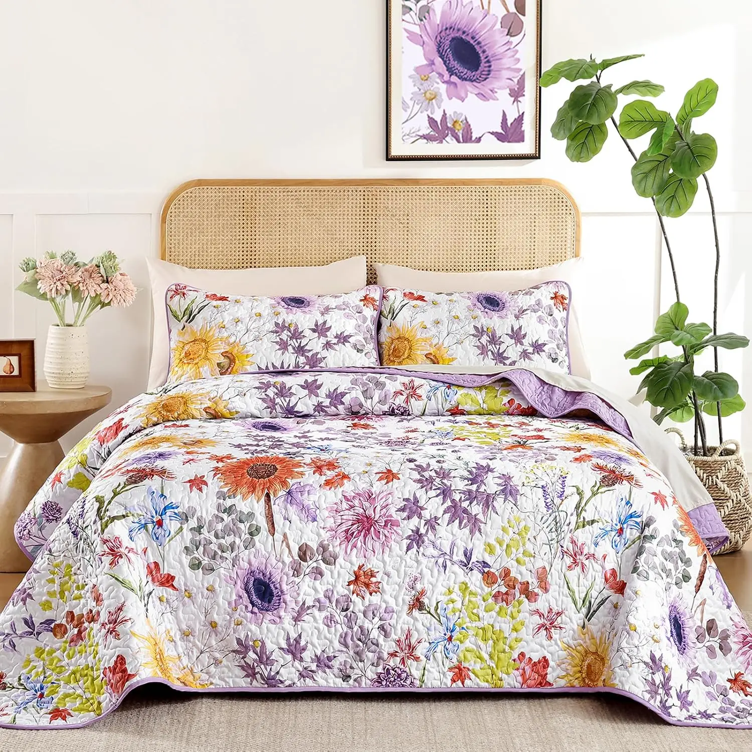 Queen Size Botanical Floral Purple Bedding Set - 3-Piece Soft Polyester Breathable Fabric Coverlet (96x90 in) with 2 Pillow Shams, Sunflower Print, Vivid Colors, All-Season Use, Bohemian Look for Bedroom Decor
