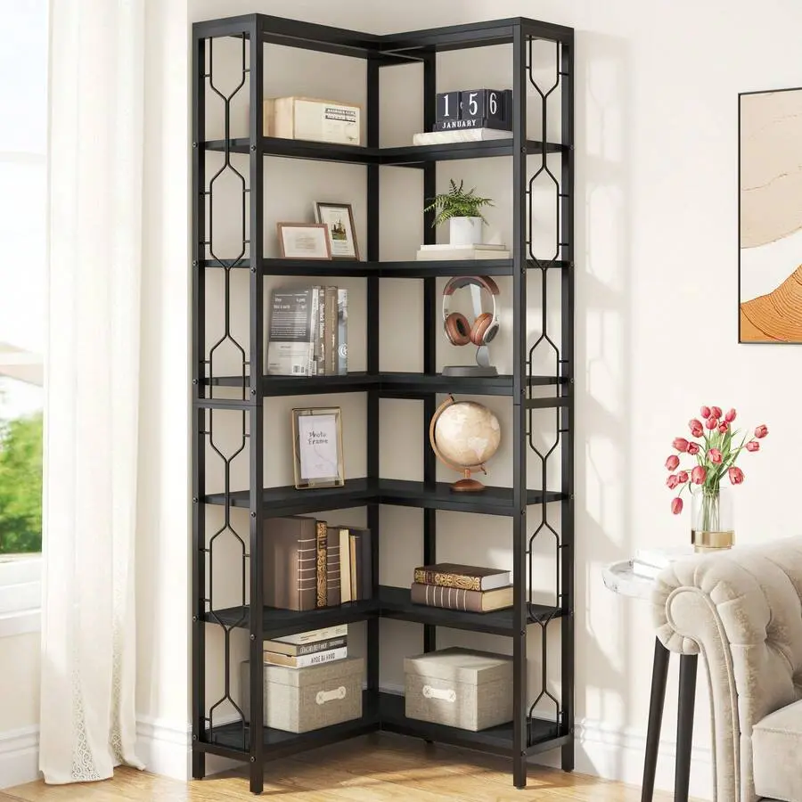 Corner Shelf, 7-Tier Industrial Corner Bookshelf, Wood And Metal Corner Etagere Bookcase, Freestanding Display Shelf Living Room,, Home Office, Black