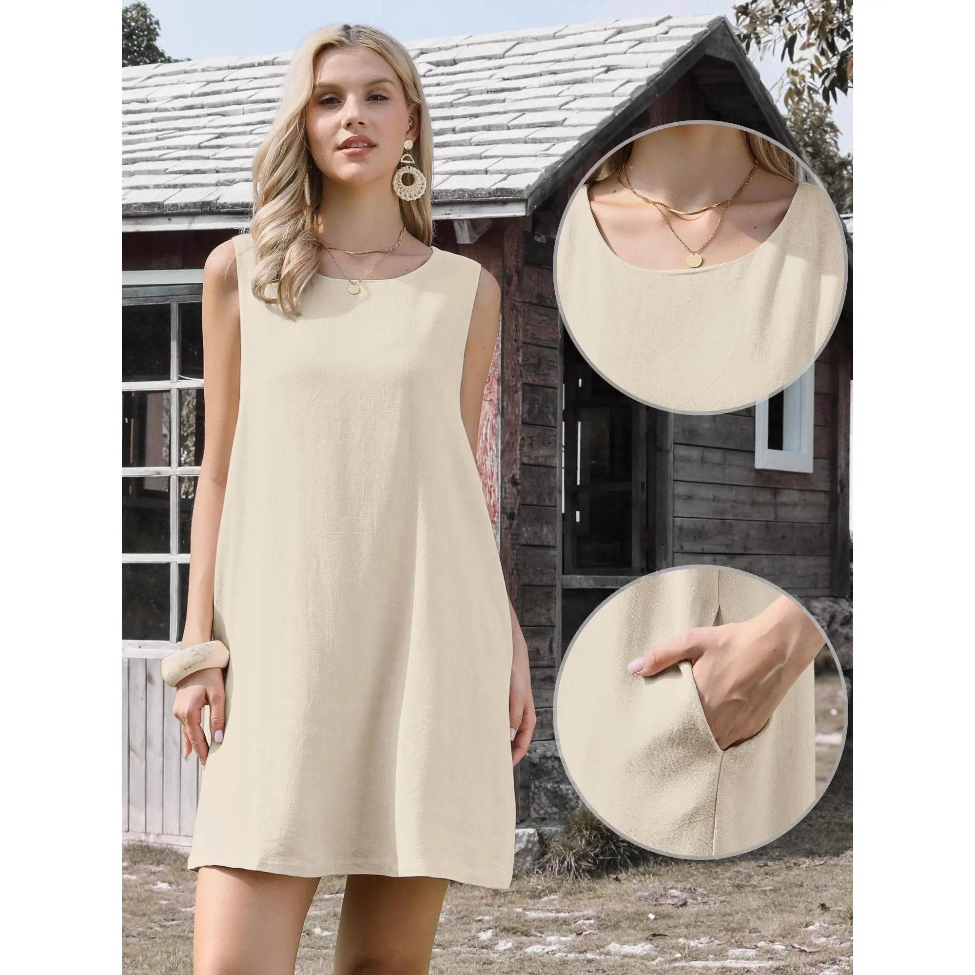 Sleeveless Linen Dress for Women's Summer Crew Neck A-Line Casual Dresses with Pockets,leopard,elegant,Pleated,unlined,long,blue,easter,baby,plus,western,clothing,bodycon,loose,classy,sundresses