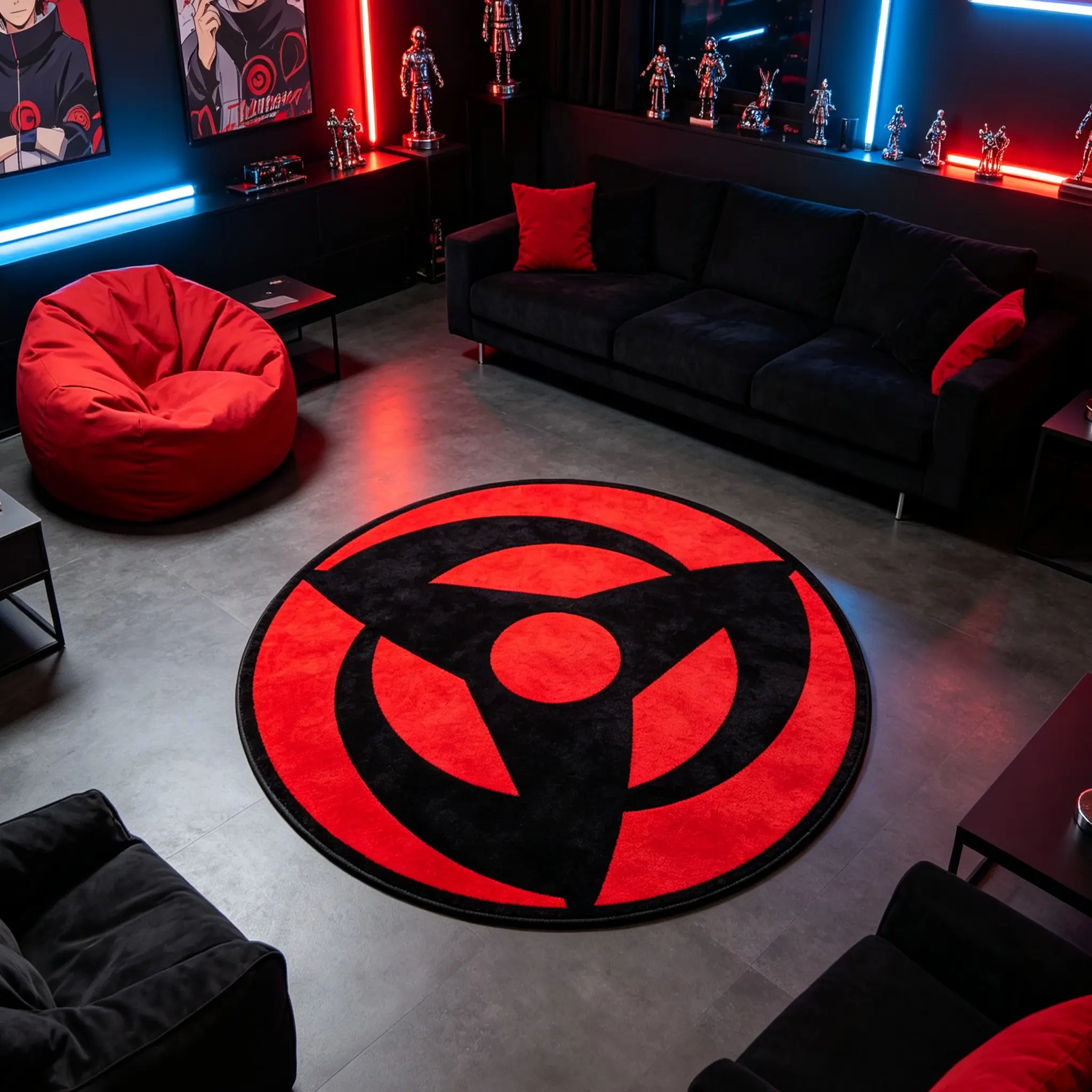 Naruto Uchiha Madara Sharingan Round Rug, Anime-Themed Gaming Room Decor, Comfortable Hand Wash Only, Ideal for Living Room, Bedroom, Kitchen