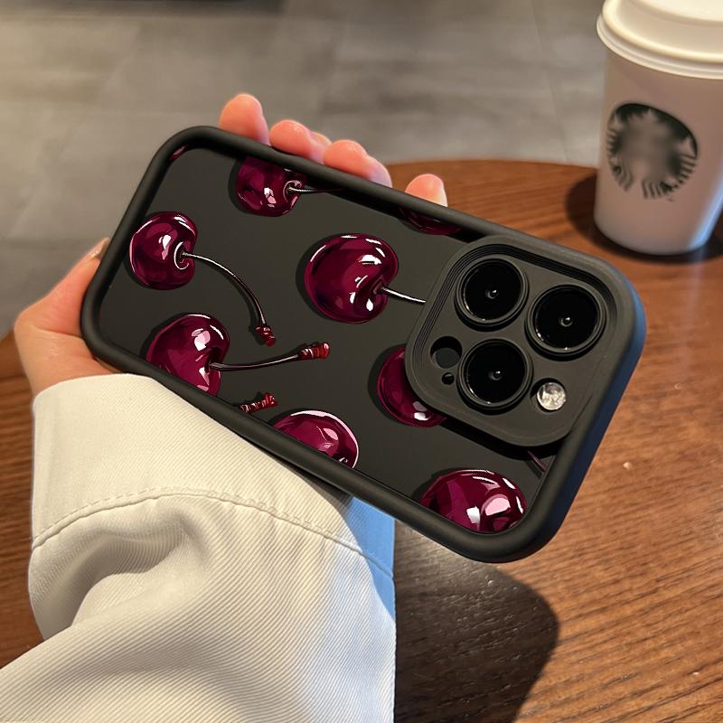 Sexy Wine Cherry Pattern Phone Case , Soft Silicone Tpu Protection and Shockproof For iPhone 17 16 15 Pro Max 14 16Pro 13 12 11 X Plus Air Mini Girl