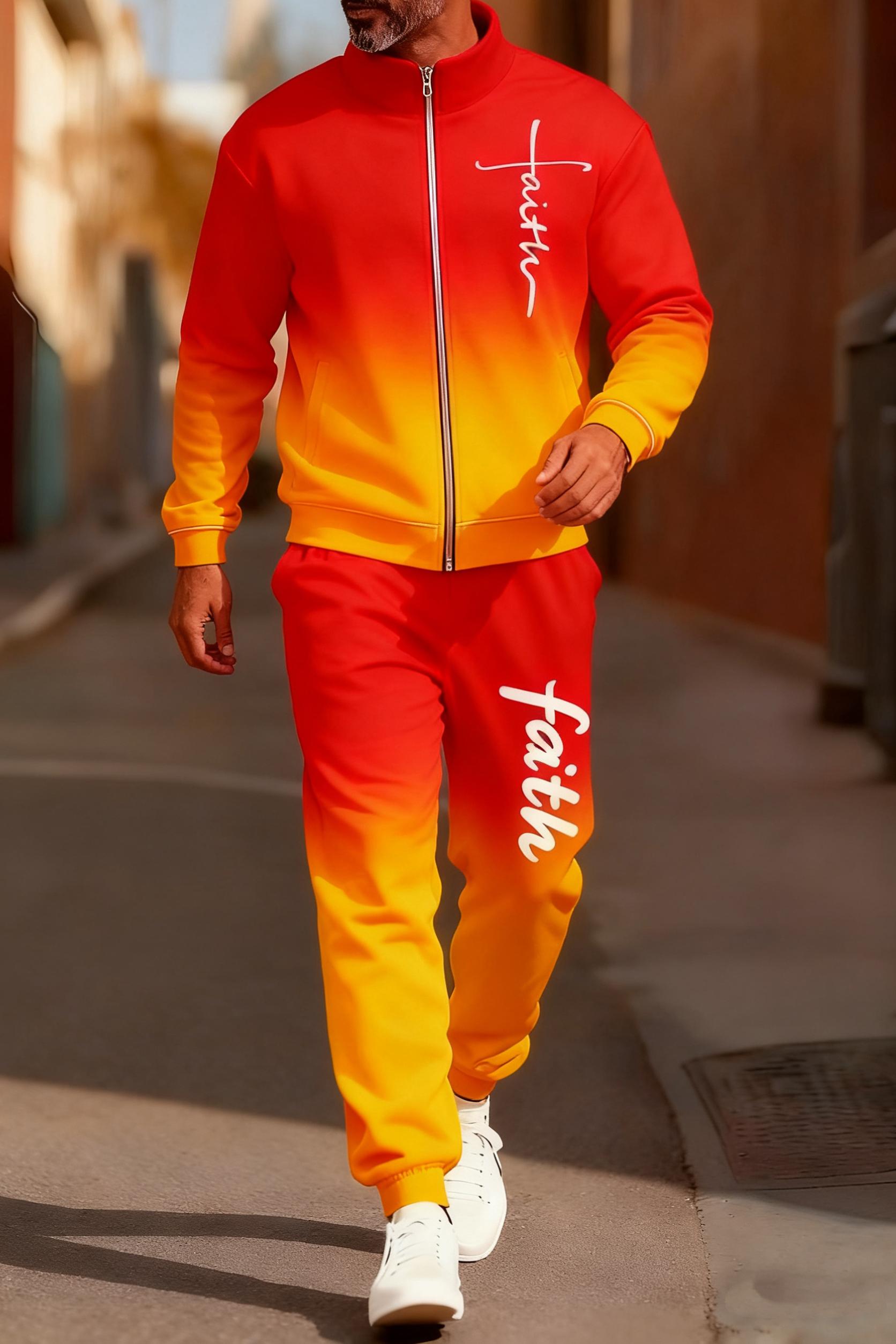 Men's fashionable and casual sportswear featuring a gradient digital print, including a stand-up collar cardigan jacket and pants, making it a two-piece set suitable for daily casual wear and trendy gradient sportswear series, Sporty Style Breathable Acti