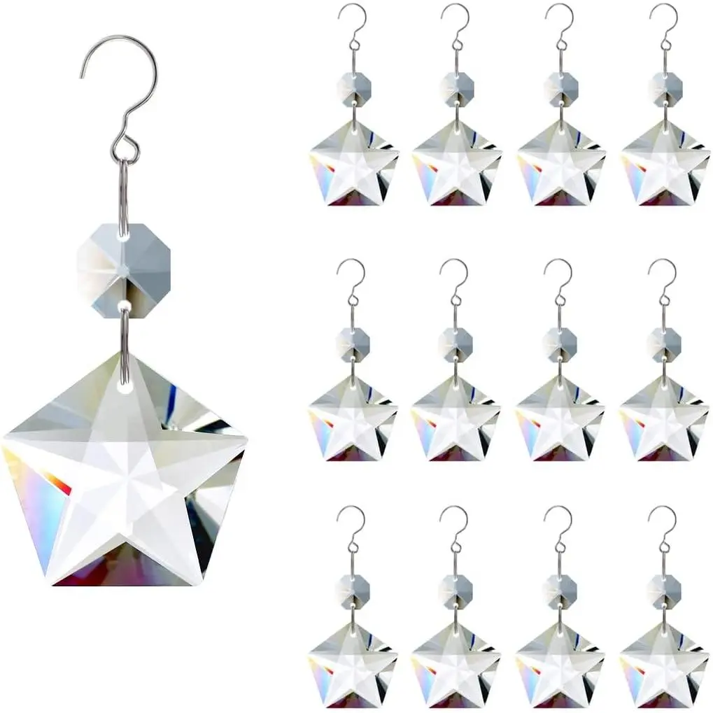 12-Pack Reflective Suncatcher Ornament Hooks - Hanging Home Decor Light Prisms with 0.55in/14mm Glass Beads, 1.5in/38mm Pendants, Stainless Steel Components for Windows, Wedding & Party Decor, Earring Display Accents