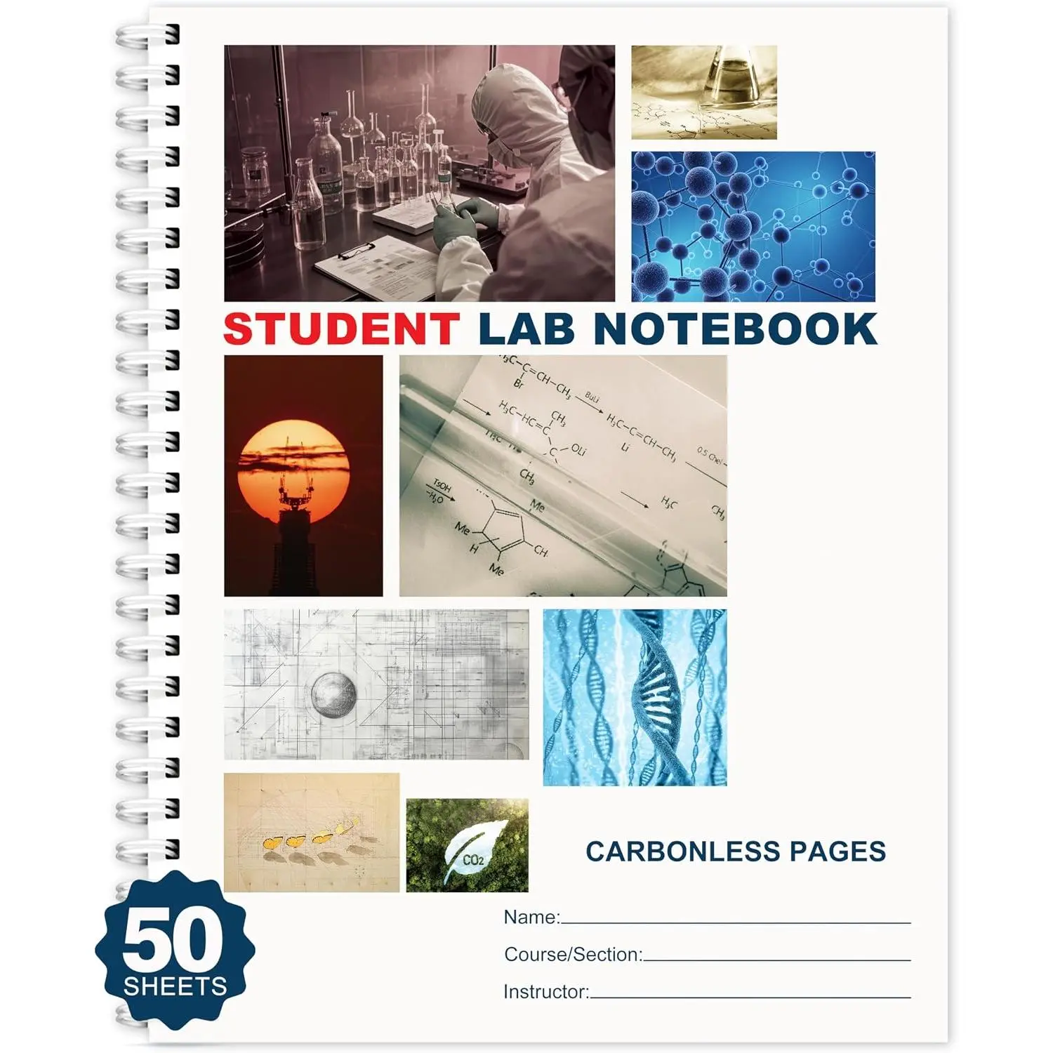 Carbonless Lab Notebook - 8.5x11 in Lab Record Notebook with 50 Sets of Pages, Science Grid Paper, Translucent Protective Cover, Wire-O Binding, for Students