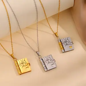 Engravable Open Locket Necklace, Titanium Steel Book Love Letter Pendant, Anti-fade Clavicle Chain, Fashion Jewelry Gift for Women & Girls