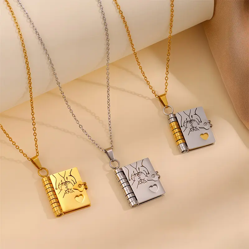 Engravable Open Locket Necklace, Titanium Steel Book Love Letter Pendant, Anti-fade Clavicle Chain, Fashion Jewelry Gift for Women & Girls