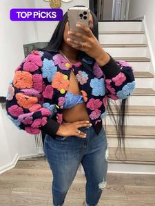 【plus size】 floral print button front crop jacket, casual long sleeve open front outerwear for fall & winter, coat, women's clothes for daily wear, clothing, womenswear