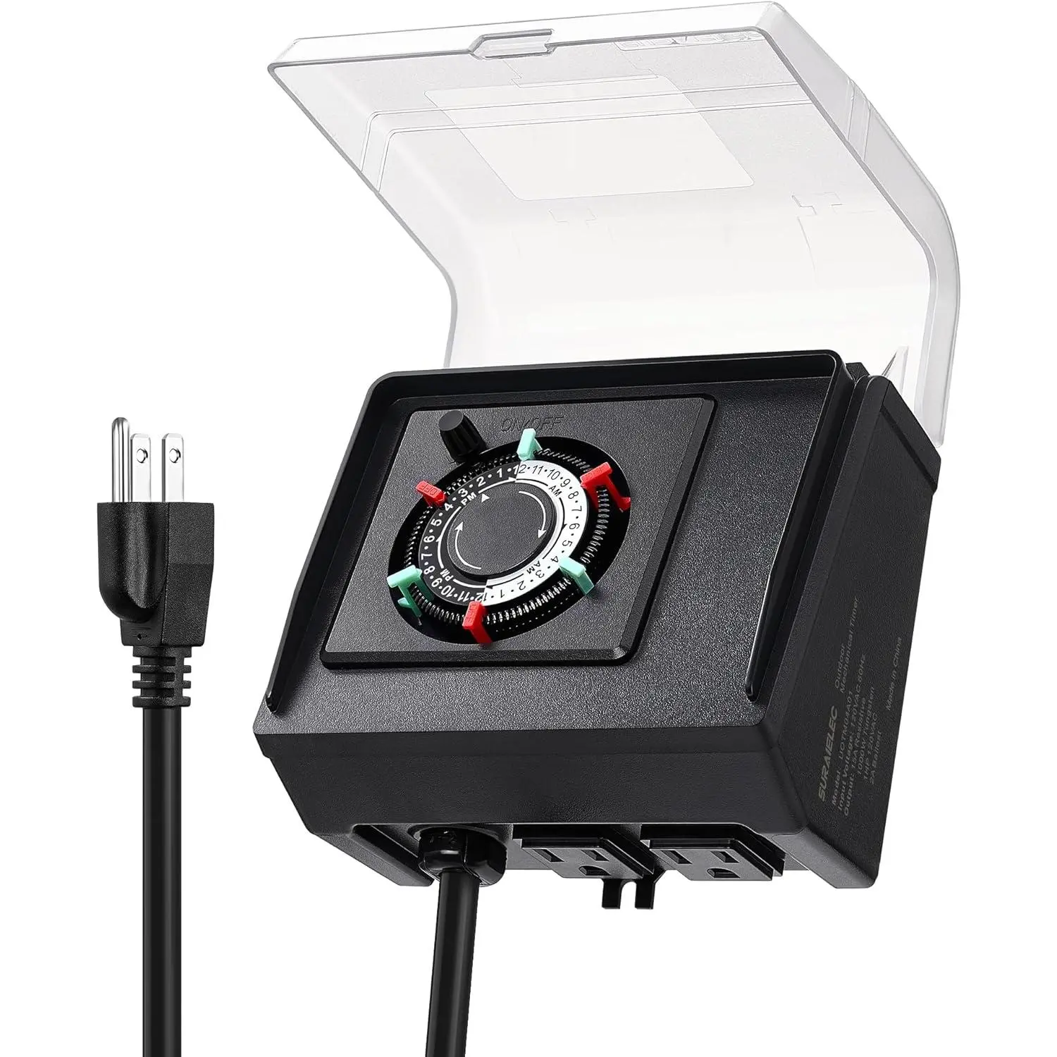 24-hour mechanical pool timer for above-ground pools, NEMA 5-15R| 15A 125V 1HP dual-outlet plug-in timer, capable of setting up to 3 daily modes, with a weatherproof cover, suitable for pool pumps, lighting, and saltwater systems