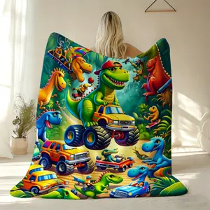 1Pc JOOCAR Colorful Dinosaurs Driving Monster Trucks In Jungle Scene Printed Flannel Blanket |   100% Polyester, Suitable For Sofa, Bed, Office, Shawl, Camping And Travel, Birthday Anniversary Gift, Travel Essential, Festive Pattern, Home