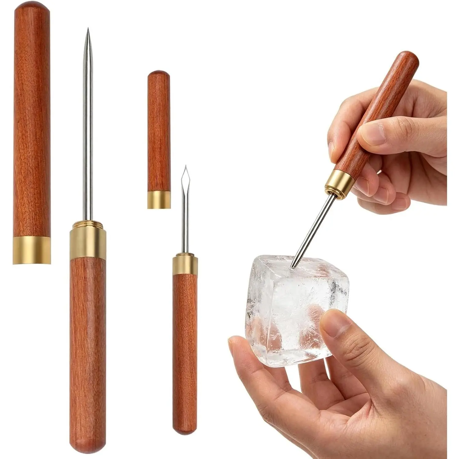 2 count Ice Pick with Cover, Wooden Handle Stainless Steel Ice Pick, Ice Breaker Tool for Kitchen Bars Bartender Tool   Gifts