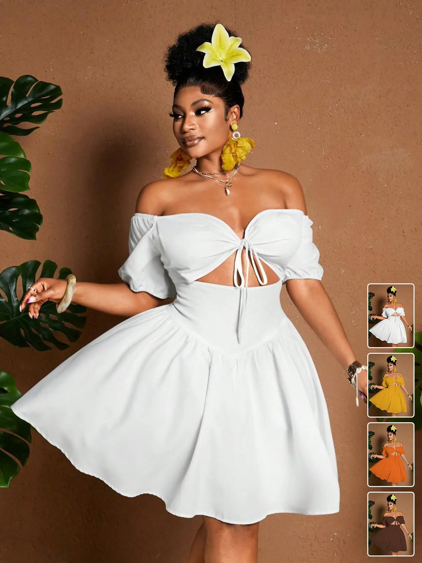 Plus Size Women's Off Shoulder Summer Beach Dress, Cut Out Tie Front A Line Vacation Elegant Curvy Dress, A Line Dresses