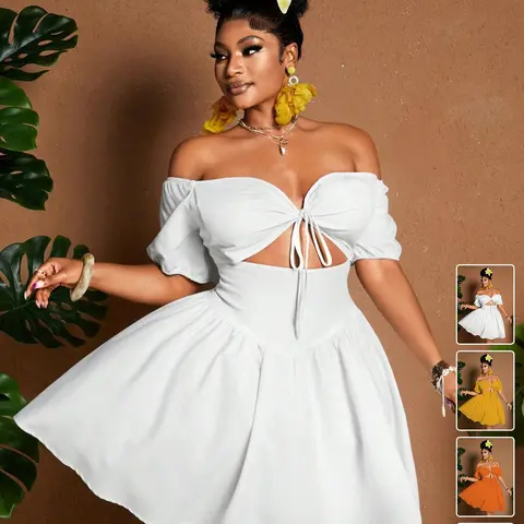 Plus Size Women's Off Shoulder Summer Beach Dress, Cut Out Tie Front A Line Vacation Elegant Curvy Dress, Curvy Clothes