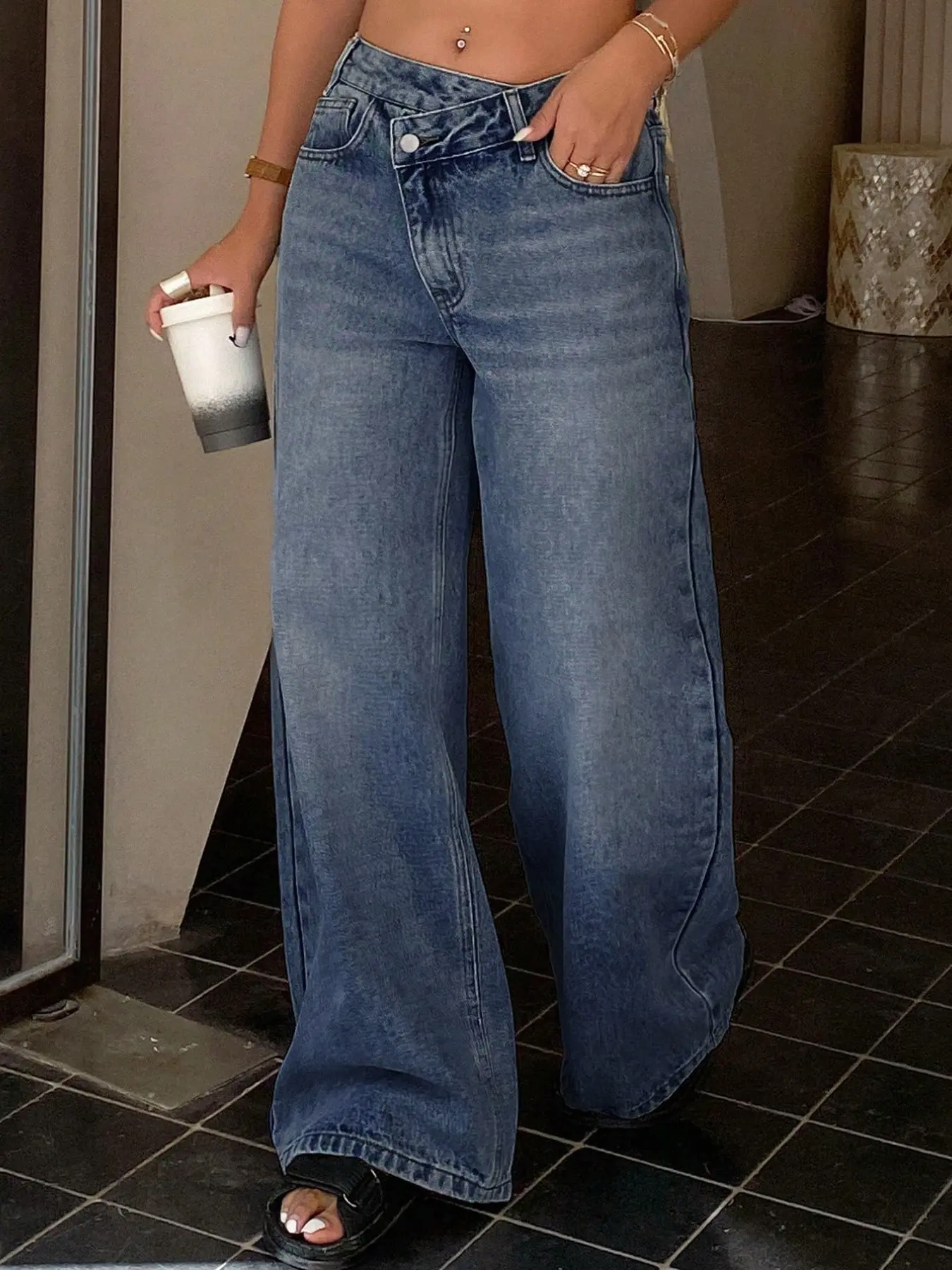 Women's Plus Size Asymmetrical Irregular Waist Denim Button Pocket Straight Leg Pants, Casual Long Jeans for All Seasons, Comfortable Everyday Wear