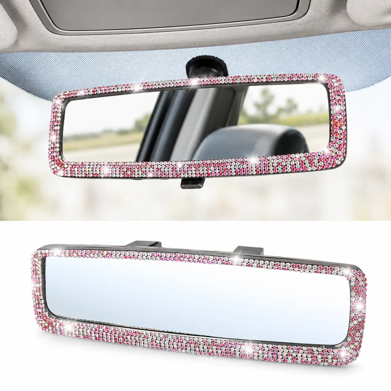 Women's Clip-On Car Rear View Mirror - Unique Decor Decorative Bling Rhinestone Crystal, 11.81 x 4.33 Inches ABS, HD Glass, Easy Install, Lightweight, Universal Auto Interior Accessory, Great Gift for Women and Girls